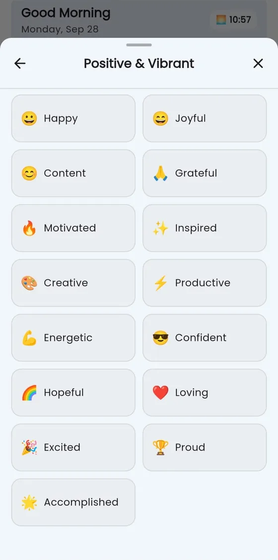 Moods: a list of positive and vibrant moods to choose from