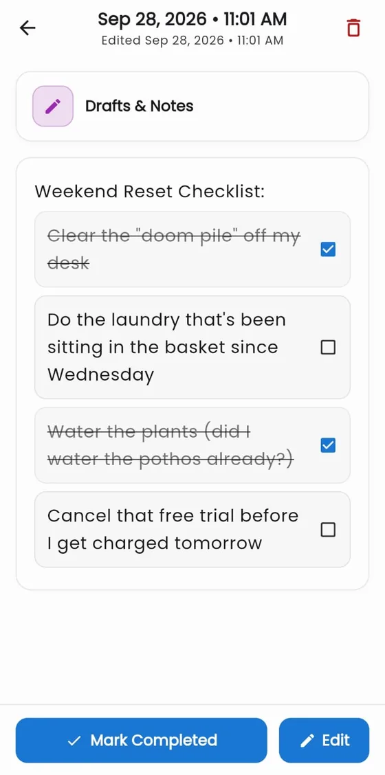 Tasks: a checklist with completed items struck through
