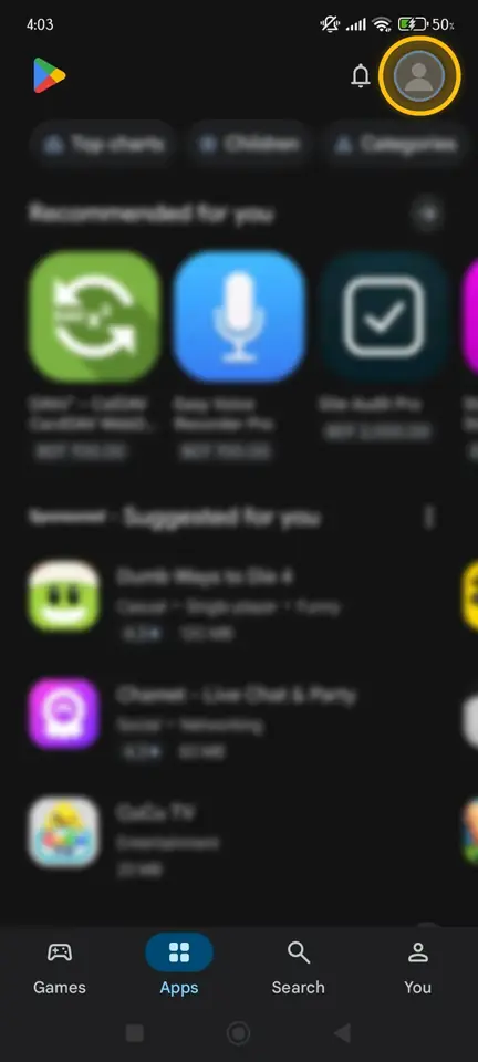 Google Play home screen with the profile picture in the top-right corner