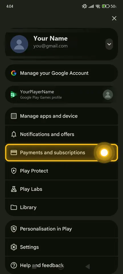 Google Play account menu with Payments and subscriptions in the list