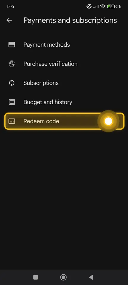 Payments and subscriptions page with the Redeem code option