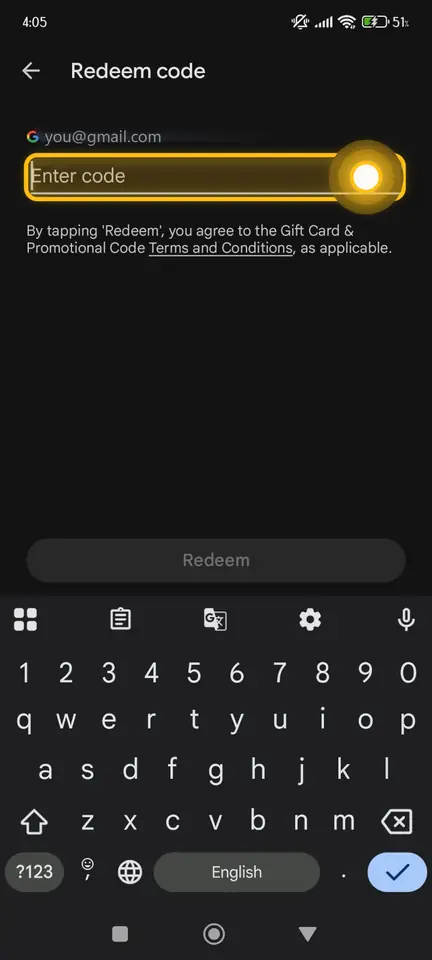 Redeem code screen with an empty code field