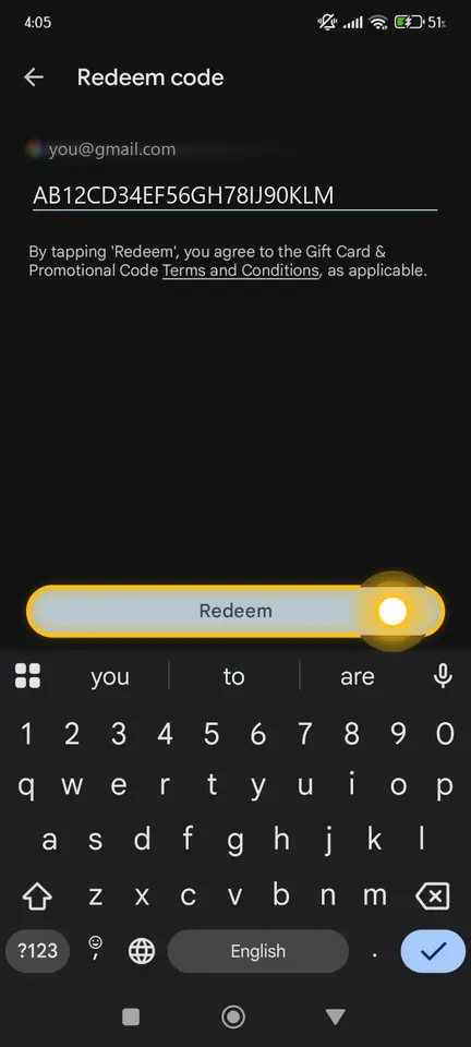 Redeem code screen with a code entered and the Redeem button active