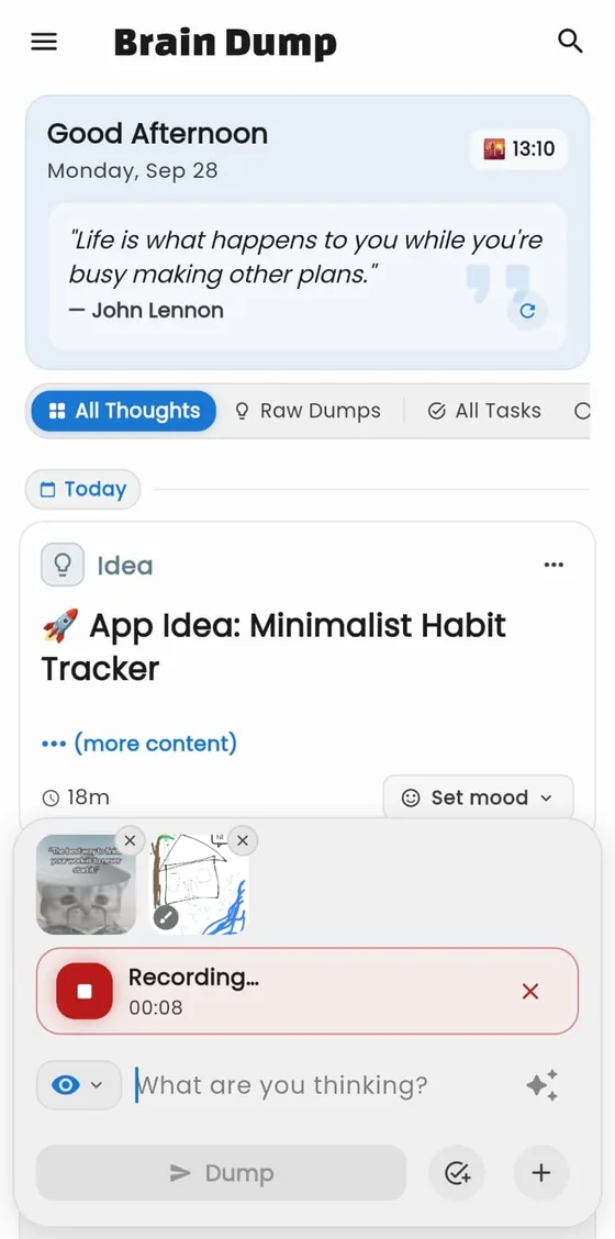 Brain Dump home screen with a Markdown note, attached photo and sketch, and a voice memo being recorded